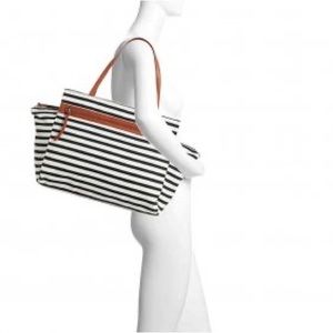 Faux Leather Trim Striped Weekender Tote, Black/White Multi